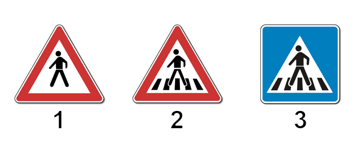 Slika uz pitanje: Kojim se od prometnih znakova označuje mjesto na kojemu se nalazi obilježeni pješački prijelaz?